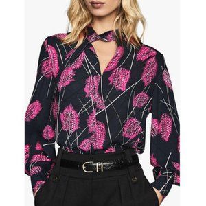 Reiss Lily Feather Print Tie Neck Blouse